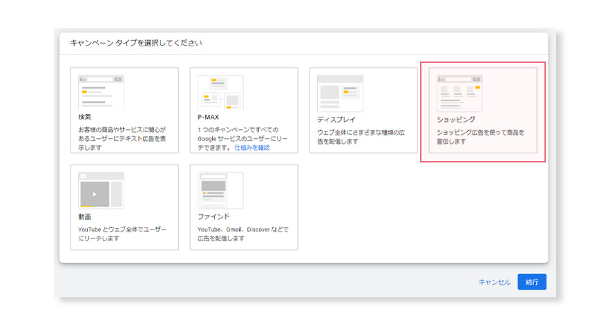 Google広告の設定。ショッピング広告の選択。
